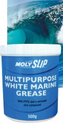 摩力士MOLYSLIP MULTIPURPOSE WHITE MARINE GREASE多用白色途船用润滑脂，由锂基皂，PTFE固体润滑剂和特殊的锌粉组成，可以耐磨耐压，可以耐淡水和海水，还可以耐磨、耐高温、耐腐蚀。Molyslip 35005